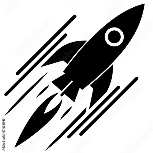 Fototapeta Black rocket ship with exhaust trails flying upwards