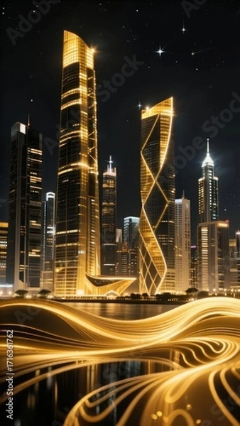 Fototapeta Illuminated futuristic cityscape at night with golden skyscrapers and reflective water waves