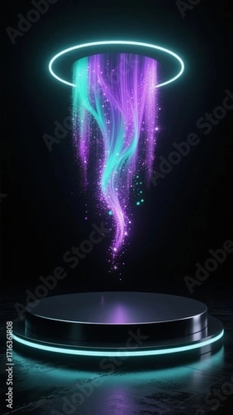 Fototapeta Neon light particles flow from a glowing ring into a circular platform on a dark background