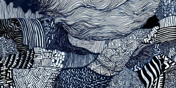 Fototapeta A complex, detailed abstract design displays a multitude of intertwined patterns and lines in shades of dark blue and white.