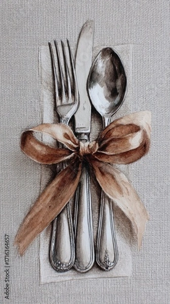 Fototapeta Watercolor illustration of fork knife and spoon tied together with brown ribbon on textured background