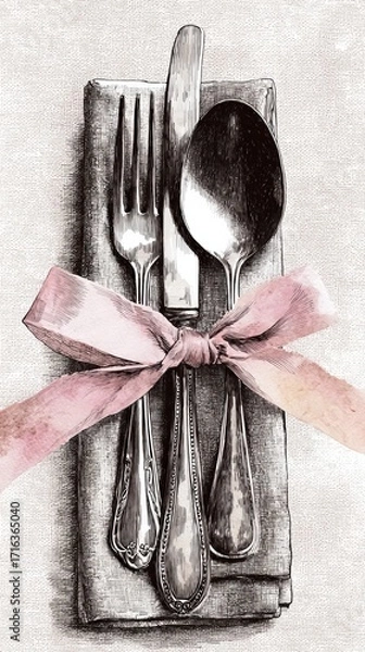 Fototapeta Artistic illustration of fork knife and spoon placed on folded napkin and tied with pink ribbon