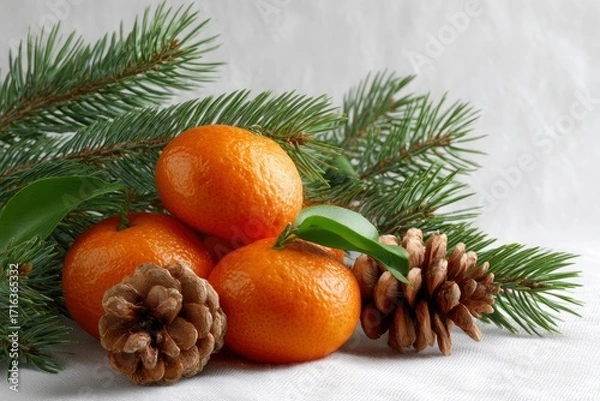 Fototapeta Tangerines and pinecones nestled against evergreen branches on a white textile backdrop