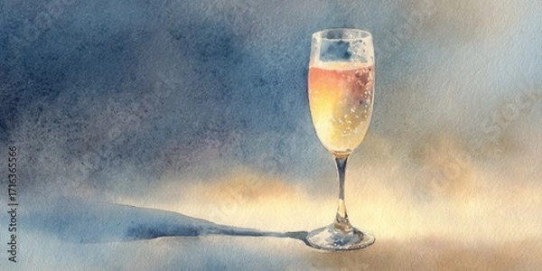 Fototapeta Watercolor painting of a sparkling wine glass with golden drink casting shadow on soft background