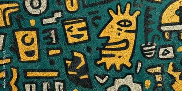 Fototapeta Vibrant teal and mustard yellow design features a playful, abstract pattern of graphic elements, including faces, tools, and objects.