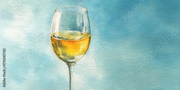 Fototapeta Watercolor illustration of a sparkling wine glass with golden drink on soft blue background