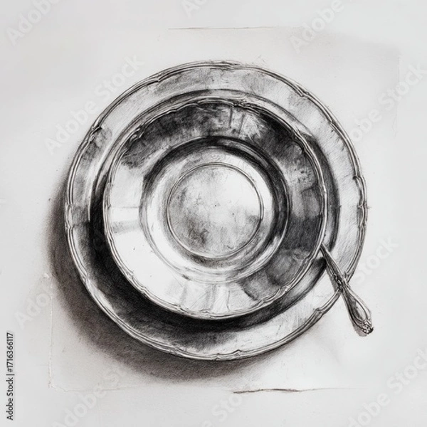 Fototapeta Realistic pencil drawing of nested shiny plates with a single ornate spoon on a white textured background