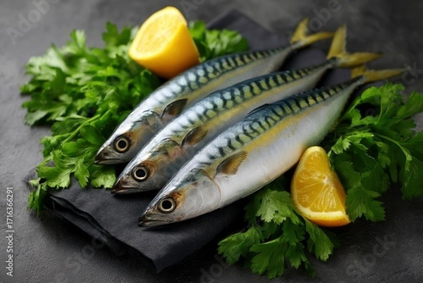 Fototapeta Three mackerels lie on a black cloth garnished with parsley and lemon slices against a gray backdrop