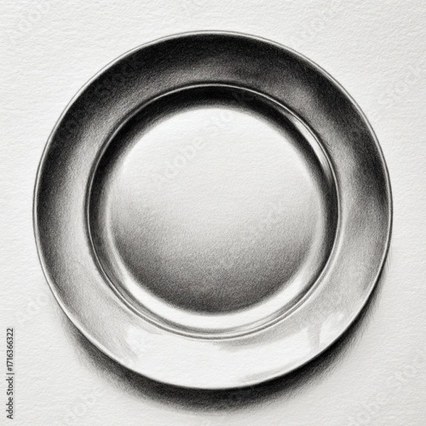 Fototapeta Realistic pencil sketch of a single clean plate with subtle shading and soft reflections on textured white paper