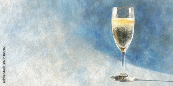 Fototapeta Watercolor illustration of a sparkling wine glass with golden drink casting shadow on blue background