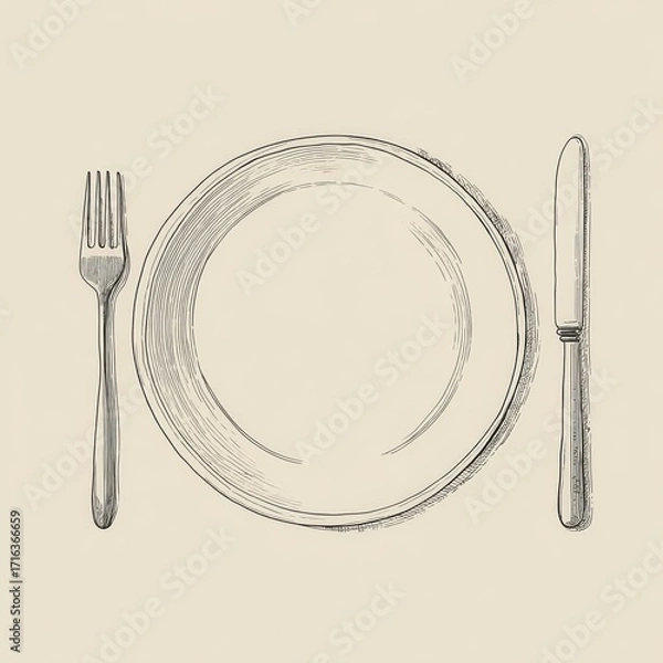 Fototapeta Simple line art of a clean round plate with a fork and knife placed symmetrically on a light background
