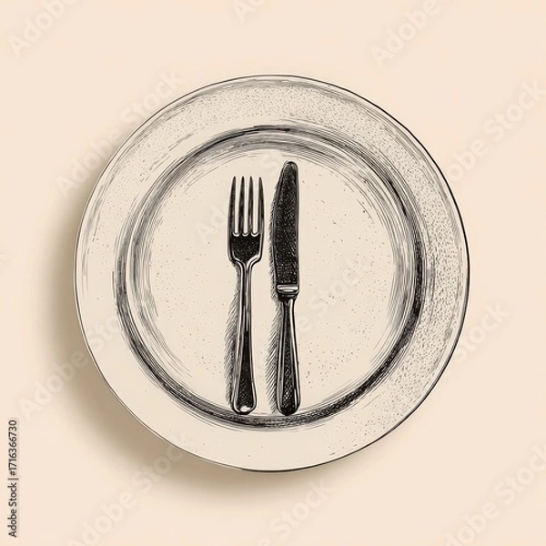 Fototapeta Line drawing of a clean plate with a fork and knife arranged vertically at the center on a beige background