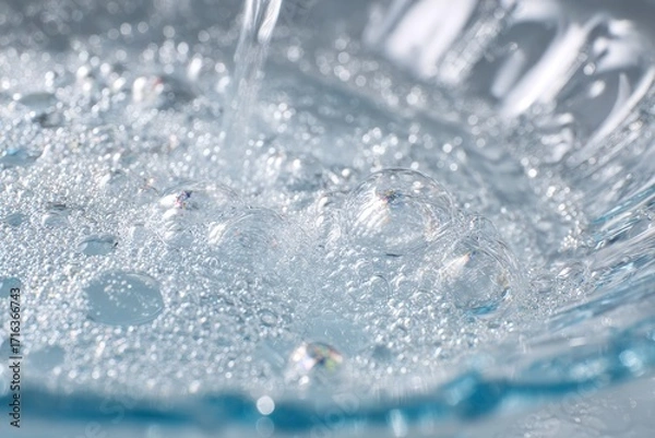 Fototapeta Close-up of a clean glass dish with sparkling soap bubbles and running water in soft natural light