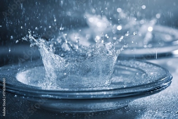 Fototapeta Water splash captured mid-air on a clean glass plate under dramatic lighting with droplets frozen in motion