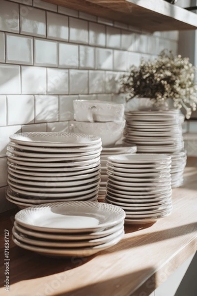 Fototapeta Stacks of sparkling clean ceramic plates and bowls arranged neatly on a wooden kitchen counter in natural light