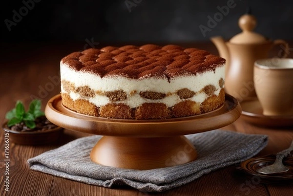 Fototapeta Tiramisu cake on a wooden stand dusted with cocoa powder next to a tea set