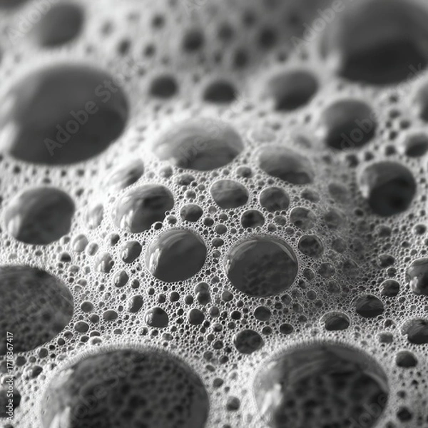 Fototapeta Macro close-up of dense soap foam with clusters of tiny and large bubbles on a clean smooth surface