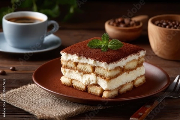 Fototapeta Tiramisu slice topped with mint on a plate cup of coffee coffee beans on a wooden table
