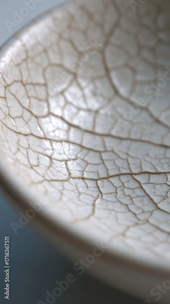 Fototapeta Close-up of a light ceramic bowl with subtle crackled glaze texture and soft lighting revealing fine details