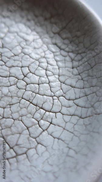Fototapeta Close-up of a porcelain bowl with glossy white crackled glaze showing intricate patterns in soft natural light