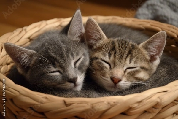 Fototapeta Two kittens one gray and one tabby asleep in a wicker basket