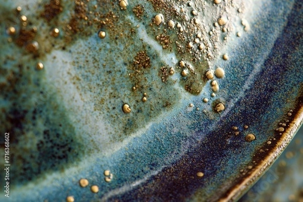 Fototapeta Macro close-up of a spotless ceramic plate with rich blue glaze and golden bubbly texture in dramatic lighting
