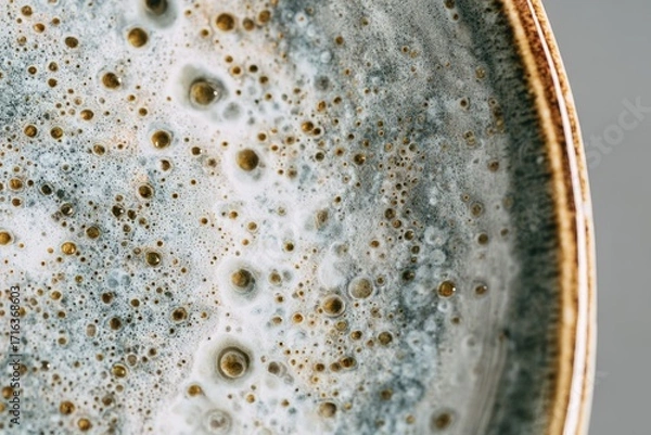 Fototapeta Macro close-up of spotless ceramic plate with unique bubbly glaze texture and earthy tones in natural light