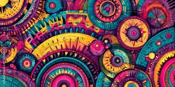 Fototapeta A vibrant tapestry of concentric circles and decorative elements in a bold, colorful, and dynamic design.