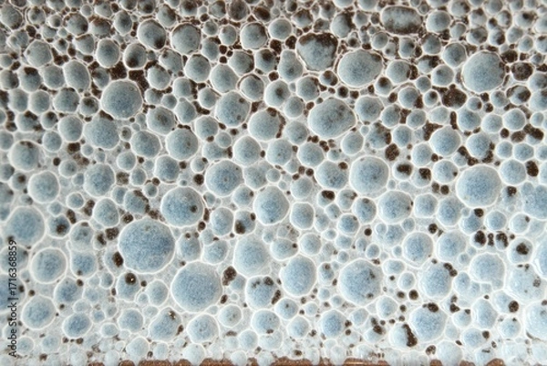 Fototapeta Abstract close up of blue ceramic glaze texture with organic bubble patterns and artistic surface details