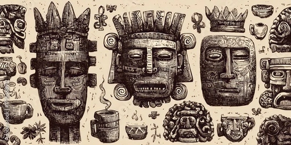 Fototapeta Intricate ancient masks and tribal artifacts, presented in a detailed illustration style, showcasing cultural heritage and artistic design.