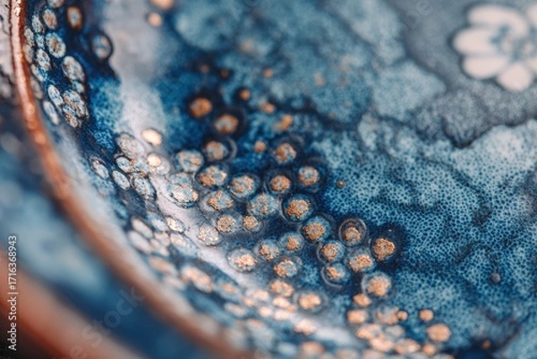 Fototapeta Macro close-up of a spotless ceramic bowl with deep blue glaze and clustered golden bubble texture in soft light