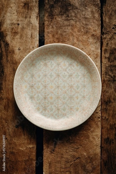 Fototapeta Elegant ceramic plate with delicate floral patterns placed on rustic wooden surface