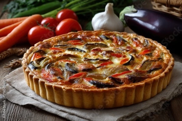 Fototapeta Vegetable quiche on a linen cloth surrounded by raw carrots tomatoes garlic parsley and eggplant on a wooden surface
