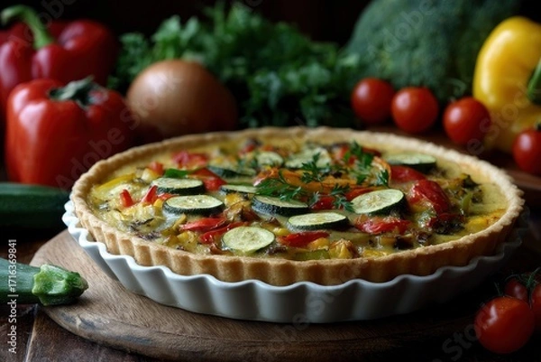 Fototapeta Vegetable tart in white fluted dish surrounded by veggies on wooden board