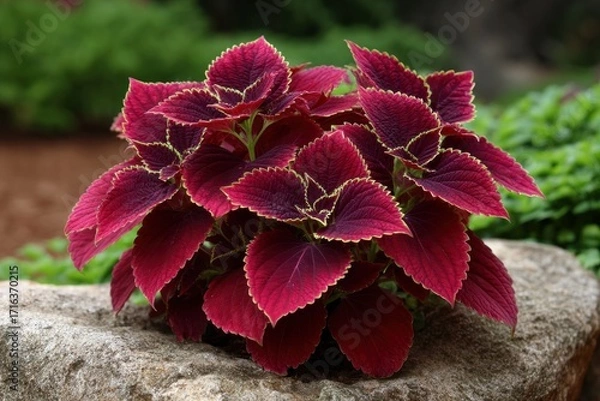 Fototapeta Vibrant Coleus plant displays maroon leaves with chartreuse edges on a textured stone set against a soft green backdrop