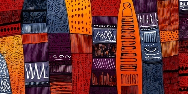 Fototapeta Vibrant patchwork design with intricate patterns and bold colors creates a striking visual effect.