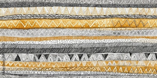 Fototapeta A captivating graphic design featuring repeating tribal patterns in shades of grey, black, and gold, creating a visually rich and textured background.