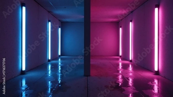 Fototapeta Minimalist room divided by vibrant cyan and pink neon lighting. Clean geometric architecture with contrasting blue and magenta illumination creates futuristic ambiance perfect for tech content.
