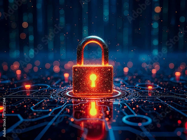 Fototapeta A digital Glowing padlock symbolizing cybersecurity and the protection of sensitive data in a technological context, emphasizing the importance of secure information storage and safety measures.
