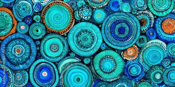 Fototapeta A vibrant tapestry of swirling circles in teal, blue, and orange, showcasing intricate, detailed patterns.