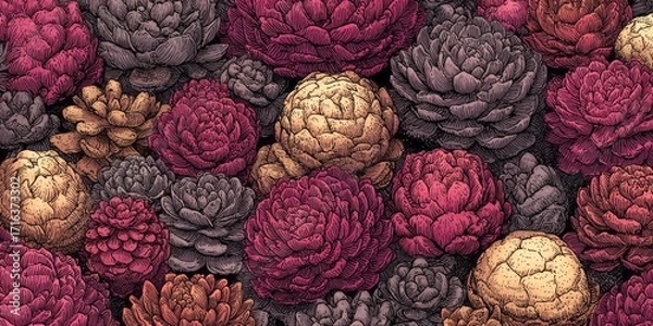 Fototapeta A detailed illustration showcases a rich tapestry of succulent flowers in various shades of burgundy, mauve, and gold.