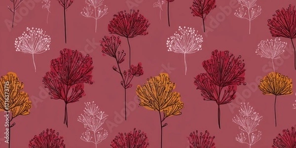 Fototapeta A repeating pattern of stylized floral elements in warm reddish-pink, accented with muted orange and white hues, creating a delicate and serene visual effect.
