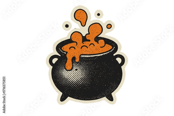 Fototapeta Witches cauldron with bubbling potion. Halloween cartoon sticker illustration. Spooky magic poison brew. Vintage halftone dotted art. Retro alchemy witchcraft concept.