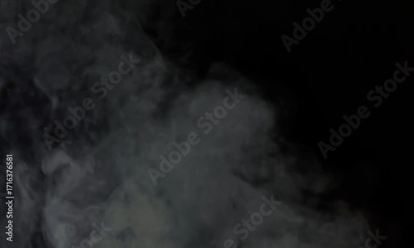 Fototapeta Wispy gray smoke gracefully flowing against pure black background. Smooth ethereal vapor creates organic flowing patterns ideal for overlays, compositing and atmospheric effects.
