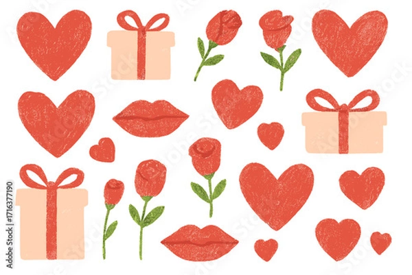 Fototapeta Valentine's Day seamless pattern with hearts, gift boxes, roses, lips, hand-drawn crayon style romantic elements for greeting cards, scrapbooking, invitations design