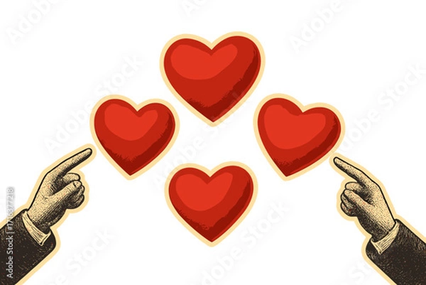 Fototapeta Vintage Valentine's Day banner with halftone style hands pointing at floating 3D red hearts, romantic love concept, retro collage design for holiday celebration vector