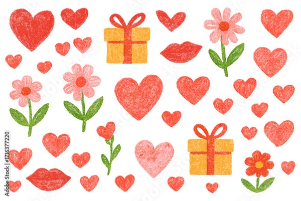 Fototapeta Seamless Valentine's Day pattern with hand-drawn crayon style hearts, gift boxes, flowers, lips, romantic elements for greeting cards, scrapbooking, invitations design