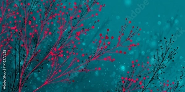 Fototapeta Vibrant teal background showcases delicate, stylized floral branches with crimson berries, creating a dreamy, artistic aesthetic.