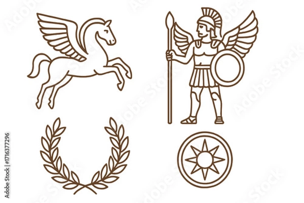 Fototapeta Ancient Greek symbols set with Pegasus and a winged warrior hero. Vector line art mythology icon collection. Cartoon illustration isolated on a transparent background.
