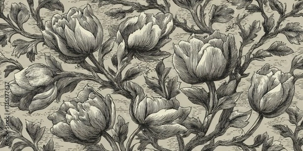 Fototapeta Intricate monochrome floral design, featuring large, detailed blossoms and delicate foliage, set against a light beige backdrop.
